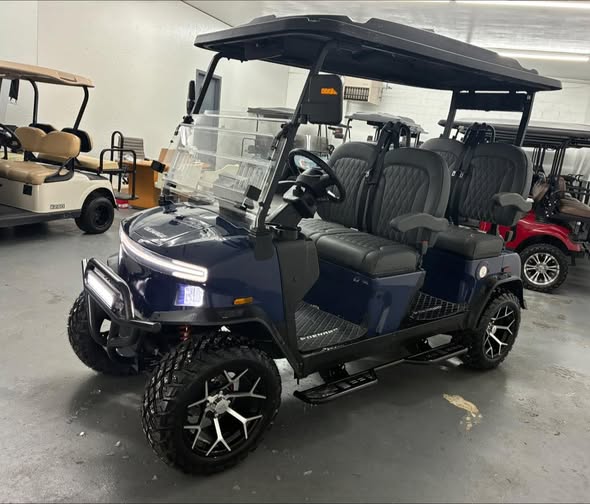 Best golf cart brands – Denago Rover XL Lithium Golf Cart – Navy Blue, Lifted, Street Legal