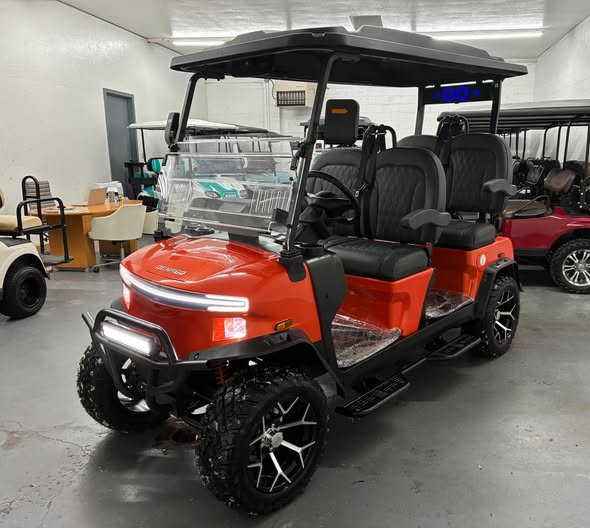 Best golf cart brands – Denago Rover XL Lithium Golf Cart – Orange, Lifted, Street Legal
