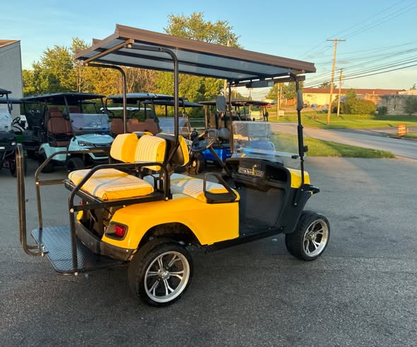 Lithium golf cart batteries – E-Z-GO Express S4 48V Electric Golf Cart – Yellow, Lifted, New Batteries