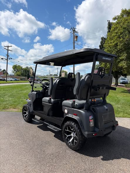 charcoal-2026-denago-rover-xl-lithium-4 charcoal gray Denago Rover XL golf cart side angle with lifted all-terrain tires
