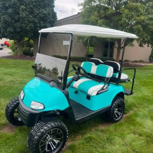 2020 E-Z-GO RXV EFI Gas Golf Cart – Teal, Lifted, Striped Seats, White Roof
