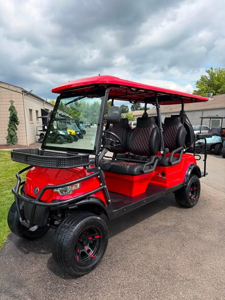 red-2023-epic-e60l-6-passenger-golf-cart-1 red 2023 Epic E60L lifted six-passenger golf cart front angle