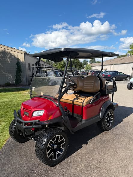 red-club-car-onward-48v-electric-1 red Club Car Onward 48V electric golf cart front angle with lift kit
