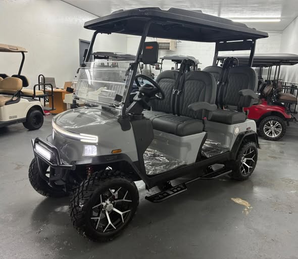 silver Denago Rover XL lithium golf cart front angle in our Ohio showroom