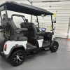white-denago-rover-xl-lithium-golf-cart-2 white Denago Rover XL lithium cart showing LED light bar and brush guard